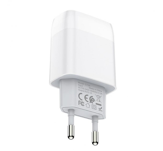 Зарядное устройство Hoco C72A Glorious (1USB, 2.1А) White (6931474713018) + кабель Type-C