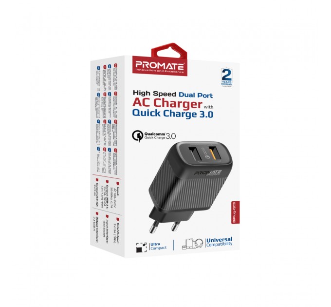 Зарядное устройство Promate BiPlug-QC3 Black