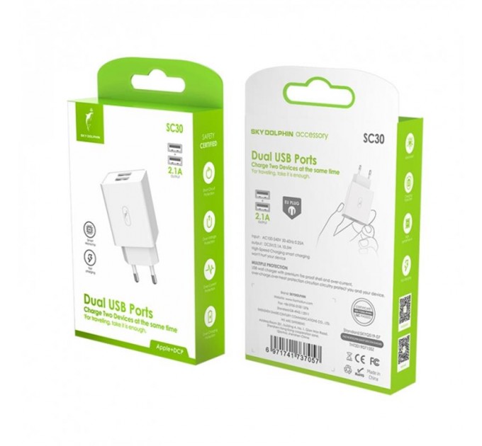 SkyDolphin Зарядное устройство SkyDolphin SC30 (2USB, 2.1A) White (SDMZP-000111)