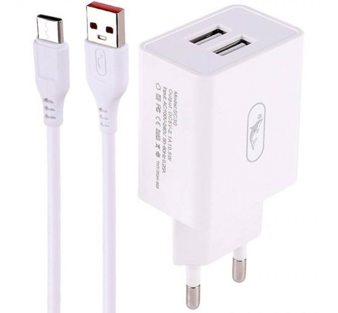 Зарядное устройство SkyDolphin SC30T (2USB, 2.1A) White (SDMZP-000113) + кабель Type-C