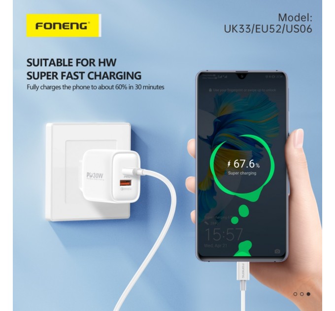 Foneng Мережевий зарядний пристрій Foneng EU52-CH PD 30W (1xUSB, 1xType-C) White