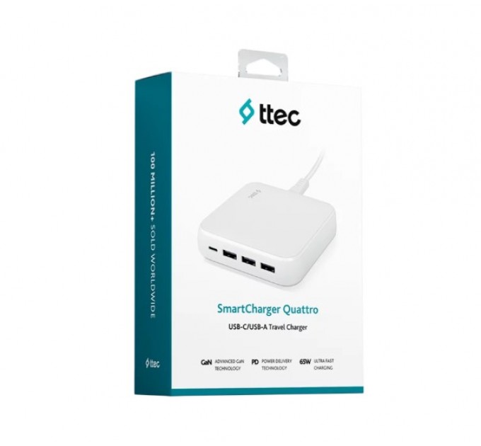 Ttec Сетевое зарядное устройство Ttec SmartCharger Quattro GaN USB-C/USB-A 65W White (2SCG02B)