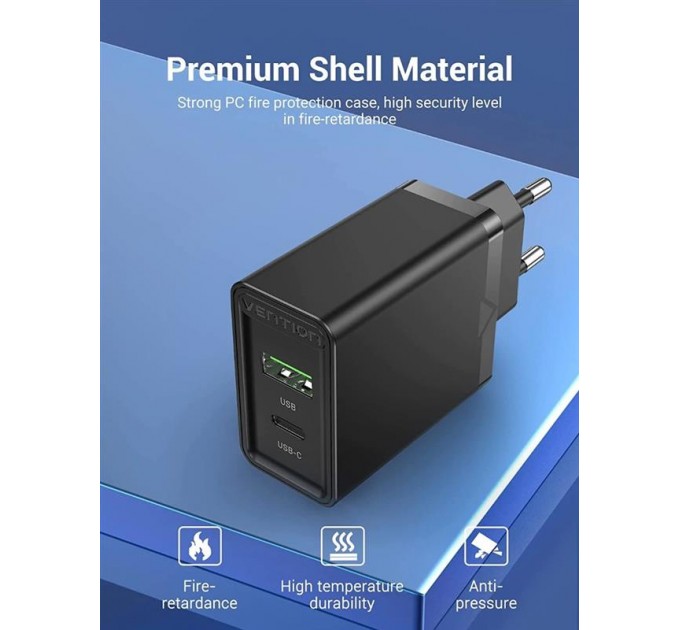 Vention Сетевое зарядное устройство Vention USB Type C + QC4.0 (18-20W) Black (FBBB0-EU)