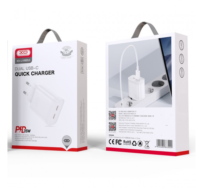 Сетевое зарядное устройство XO L105 (2USB-С, 3А) PD White (L105.white)