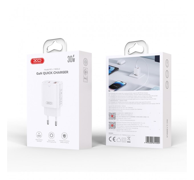 XO Мережевий зарядний пристрій XO L130 (1USB-С, 1USB, 3А) PD, QC 3.0 White (L130.white)