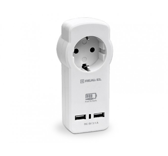 REAL-EL Сетевое зарядное устройство с розеткой REAL-EL CS-30 (2USB, 3.1A) White