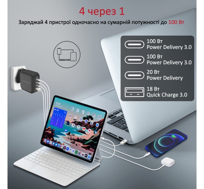 Promate Зарядний пристрій Promate GaNPort4-100PD 100W Black (ganport4-100pd.black)