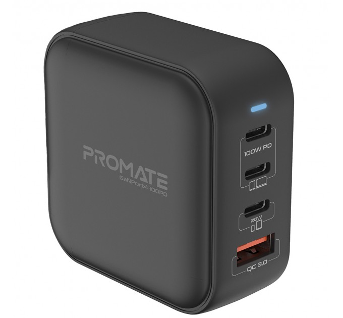 Promate Зарядний пристрій Promate GaNPort4-100PD 100W Black (ganport4-100pd.black)