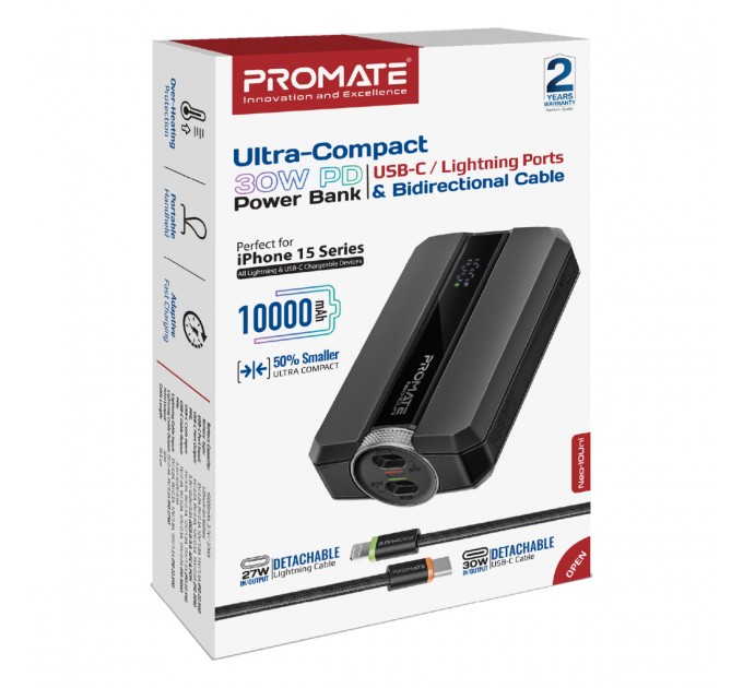 Promate Універсальна мобільна батарея Promate Neo-10Uni 10000mAh 30W Black (neo-10uni.black)