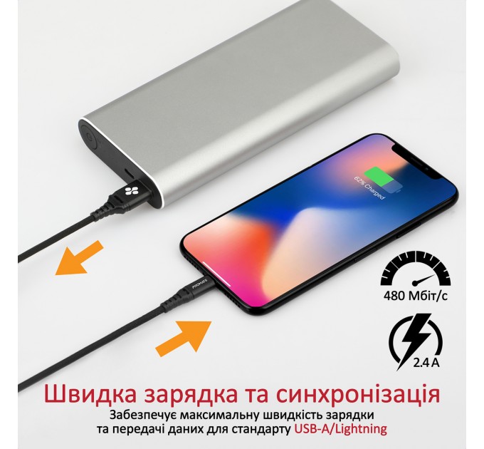 Кабель Promate USB - Lightning (M/M), 2.4 A, 1.2 м, NerveLink-i Black (nervelink-i.black)