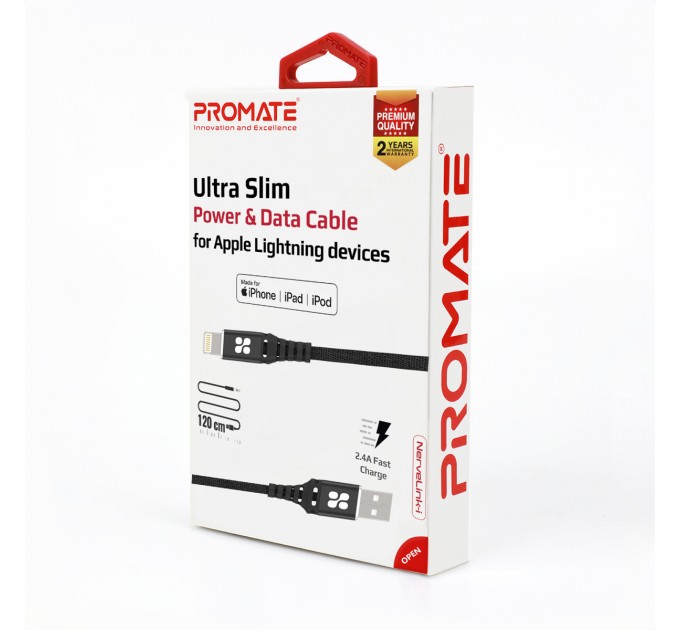 Кабель Promate USB - Lightning (M/M), 2.4 A, 1.2 м, NerveLink-i Black (nervelink-i.black)