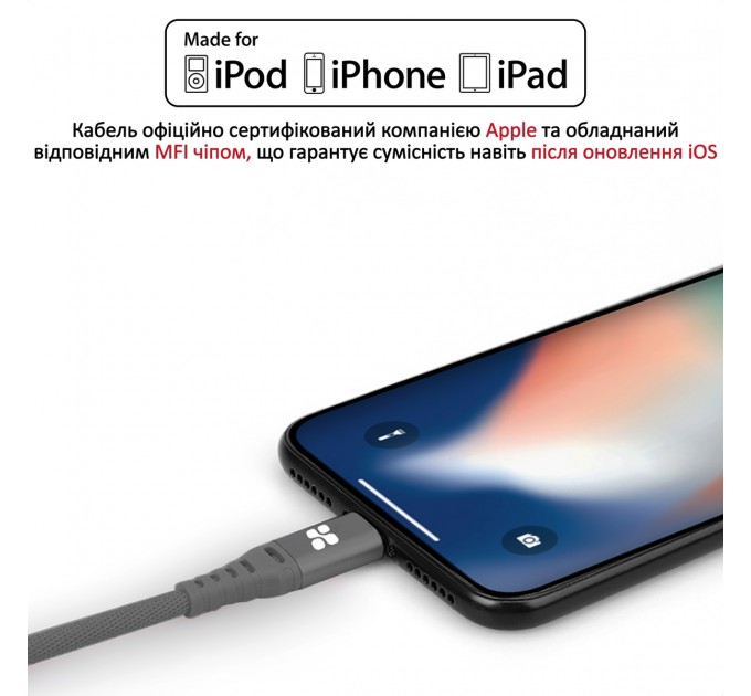 Promate Кабель Promate USB - Lightning (M/M), 2.4 A, 1.2 м, NerveLink-i Grey (nervelink-i.grey)