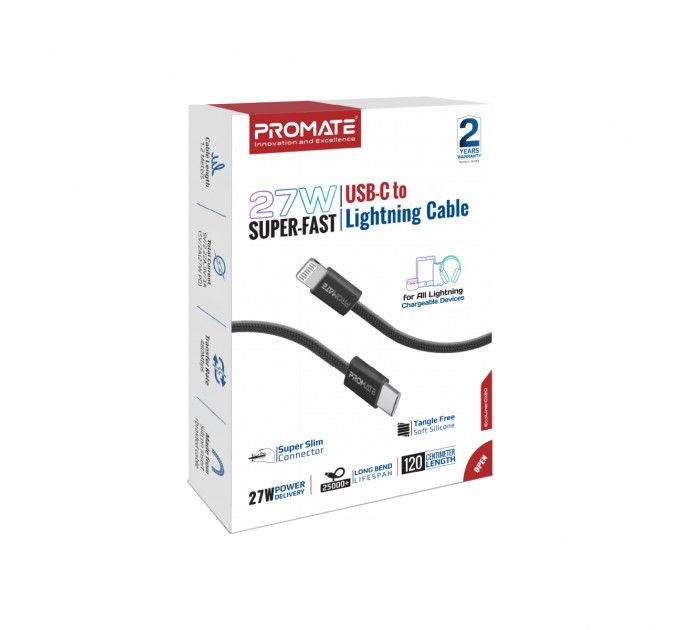 Кабель Promate USB Type-C - Lightning (M/M), 3 A, 27 W, 1.2 м, EcoLine-Ci120 Black (ecoline-ci120.black)