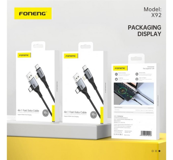 Кабель Foneng X92 4-in-1 (60W) USB/USB-C - USB-C/Lightning, 1 м, Black (X92-CA-FIO)