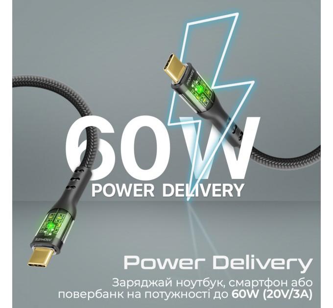 Кабель Promate USB Type-C - USB Type-C (M/M), 3 A, 60 W, 2 м, TransLine-CC200 Black (transline-cc200.black)
