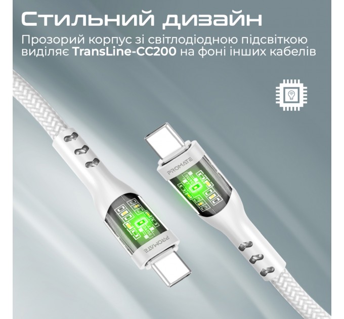 Promate Кабель Promate USB Type-C - USB Type-C (M/M), 3 A, 60 W, 2 м, TransLine-CC200 White (transline-cc200.white)
