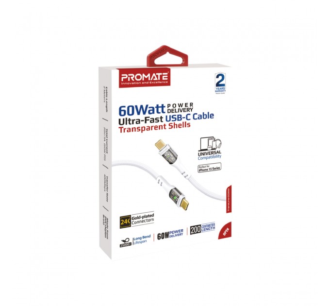 Promate Кабель Promate USB Type-C - USB Type-C (M/M), 3 A, 60 W, 2 м, TransLine-CC200 White (transline-cc200.white)
