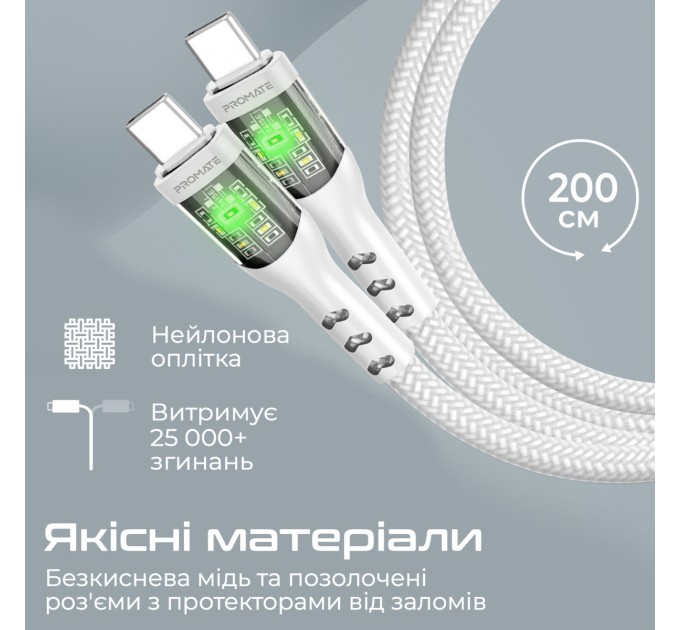 Promate Кабель Promate USB Type-C - USB Type-C (M/M), 3 A, 60 W, 2 м, TransLine-CC200 White (transline-cc200.white)