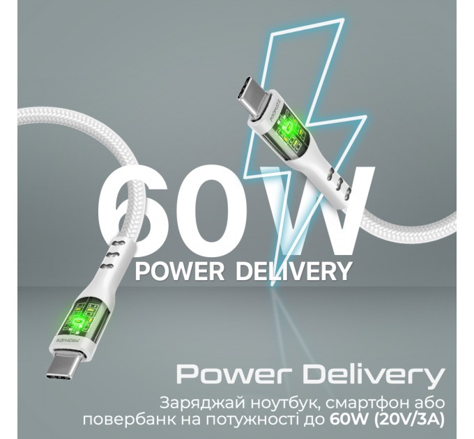 Promate Кабель Promate USB Type-C - USB Type-C (M/M), 3 A, 60 W, 2 м, TransLine-CC200 White (transline-cc200.white)