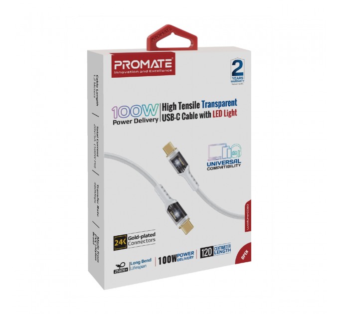Promate Кабель Promate USB Type-C - USB Type-C (M/M), 5 A, 100 W, 1.2 м, Lucidline-CC120 White (lucidline-cc120.white)