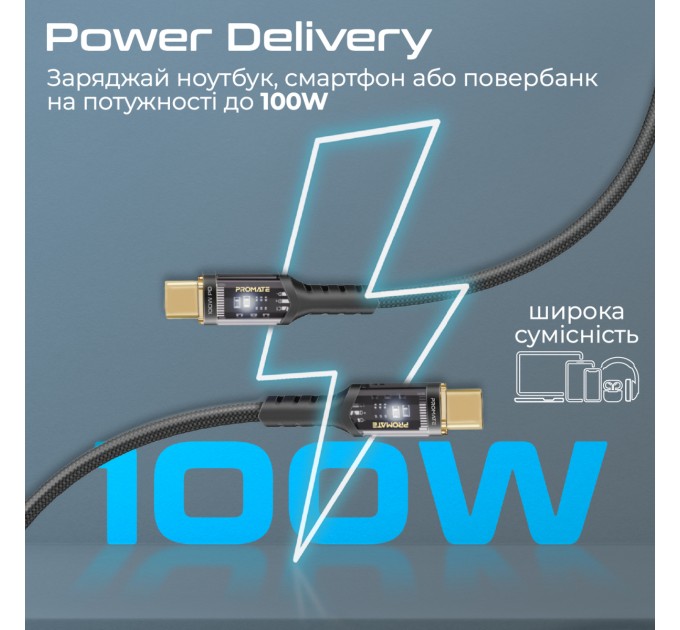 Кабель Promate USB Type-C - USB Type-C (M/M), 5 A, 100 W, 2 м, Lucidline-CC200 Black (lucidline-cc200.black)