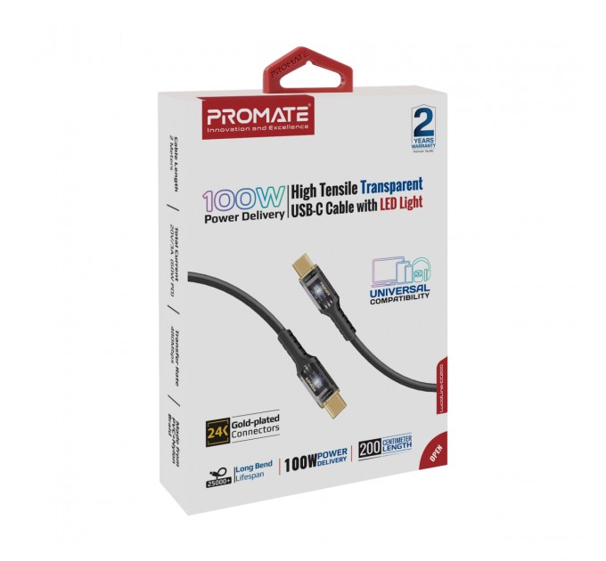 Кабель Promate USB Type-C - USB Type-C (M/M), 5 A, 100 W, 2 м, Lucidline-CC200 Black (lucidline-cc200.black)