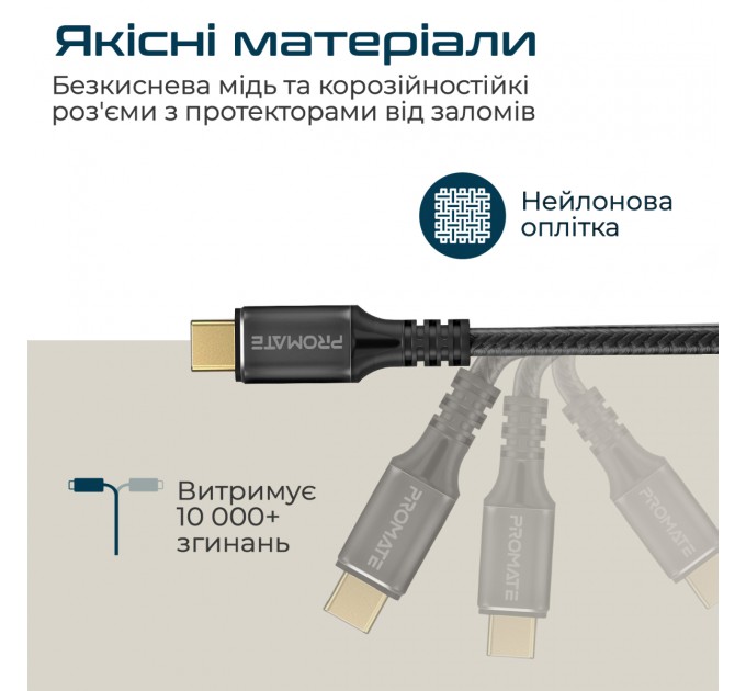 Кабель Promate USB Type-C - USB Type-C (M/M), 5 A, 240 W, 1 м, PowerBolt240 Black (powerbolt240-1m.black)