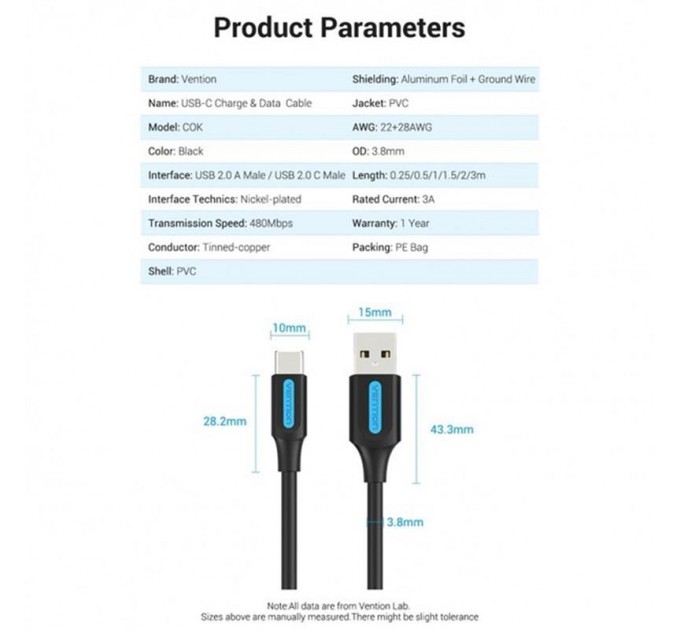 Vention Кабель Vention USB Type-C - USB (M/M), 1.5 м, Black (COKBG)