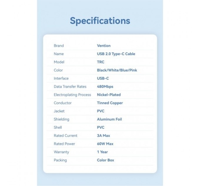 Vention Кабель Vention USB Type-C - USB Type-C (M/M), 1 м, Black (TRCBF)