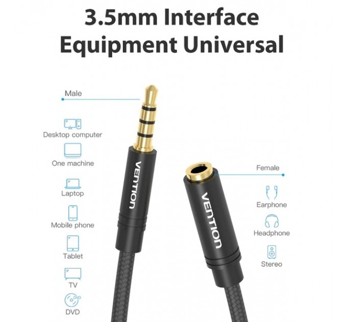 Vention Кабель Vention 3.5 мм - 3.5 мм (M/F), 0.5 м, Black (VAB-B06-B050-M)