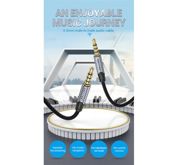 Кабель Vention Audio 3.5 мм - 3.5 мм (M/M), 1 м, Metal Type, чорний/сріблястий (BAPHF)