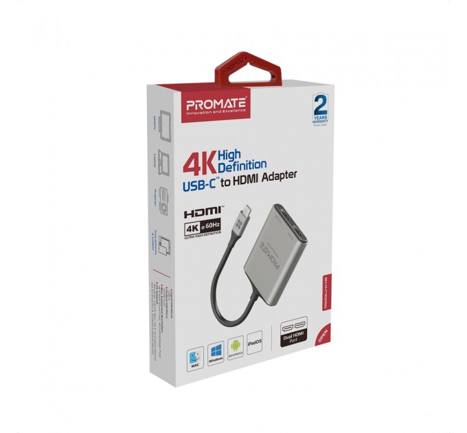 Адаптер Promate USB Type-C - 2xHDMI (M/F) MediaLink-H2 Grey (medialink-h2.grey)