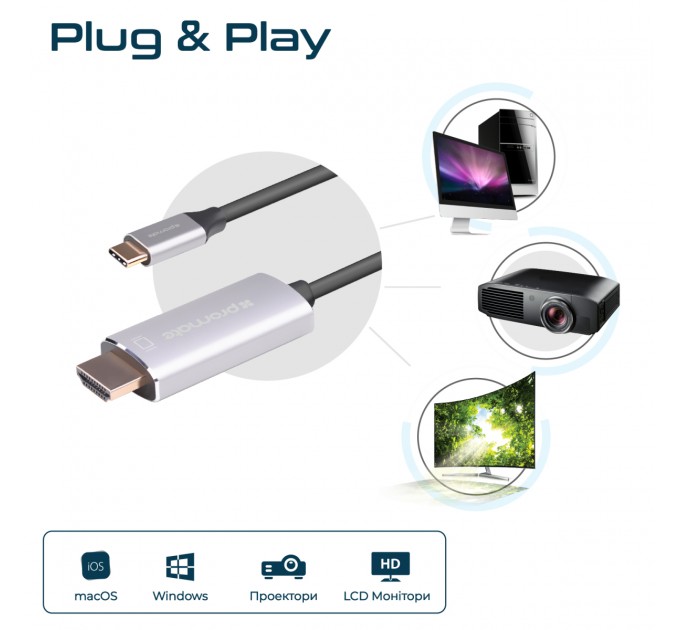 Promate Кабель Promate HDMI-USB Type-C, v2.0, 1.8 m, Grey (hdlink-60h.grey)
