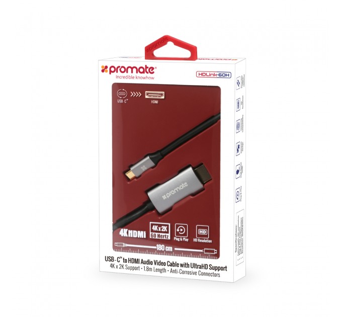 Promate Кабель Promate HDMI-USB Type-C, v2.0, 1.8 m, Grey (hdlink-60h.grey)