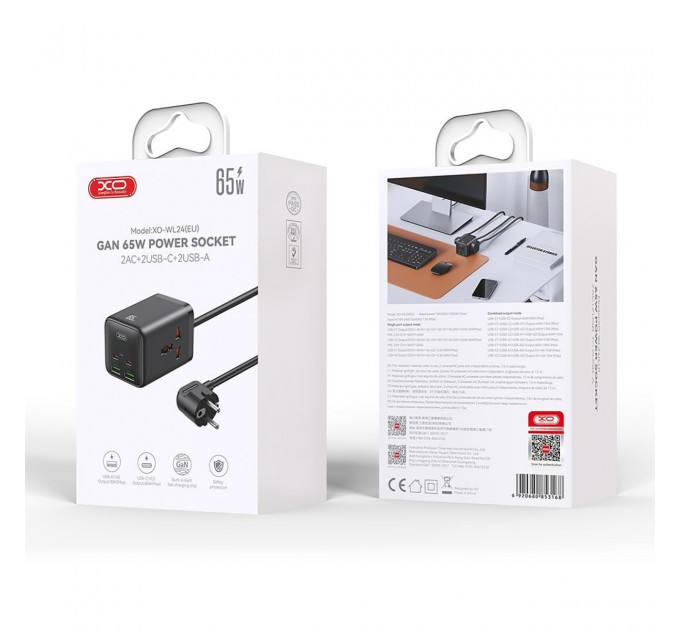 XO Мережевий фільтр XO (WL24.black) 2 розетки, 2 х USB, 2 x USB-C, 1.5 м, Black