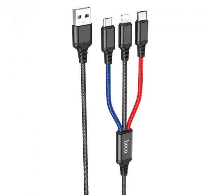 HOCO Кабель Hoco X76 Super Charging 3in1 USB - Lightning/micro USB/USB-C, 2A, 1м, Black/Red/Blue (K25610)