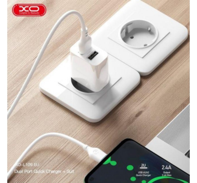 XO Зарядний пристрій XO L109 12W (2USB/2.4A) + USB - Type-C White (XO-L109-T)