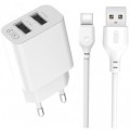 XO Зарядний пристрій XO L109 12W (2USB/2.4A) + USB - Type-C White (XO-L109-T)