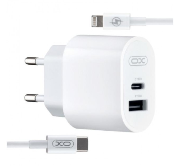 XO Зарядний пристрій XO L97 (1Type-C/1USB/2.4A) + Type-C - Lightning White (XO-L97-LG)