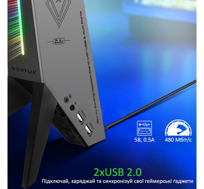 Vertux Підставка для навушників Vertux Zulu 2xUSB 2.0 / Mini Jack 3.5 мм Black (zulu.black)