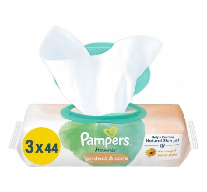 Pampers Дитячі вологі серветки Pampers Harmonie Protect&Care з календулою 3 пачки х 44 шт (8700216250672)