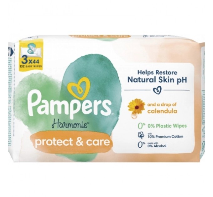 Pampers Дитячі вологі серветки Pampers Harmonie Protect&Care з календулою 3 пачки х 44 шт (8700216250672)