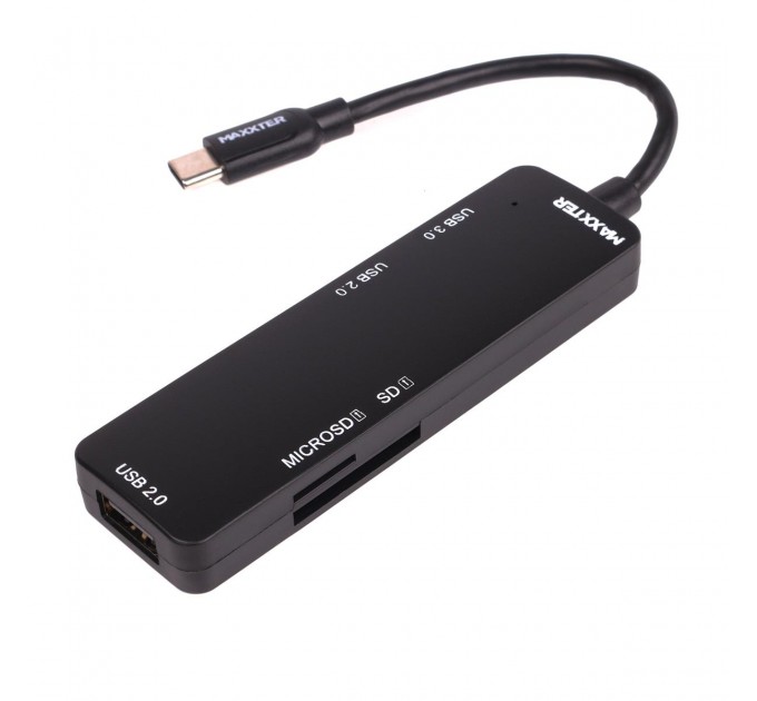 Концентратор USB Type C Maxxter USB3.0, 2хUSB2.0, SD, Micro SD Black (HU3C-3PTF-01)