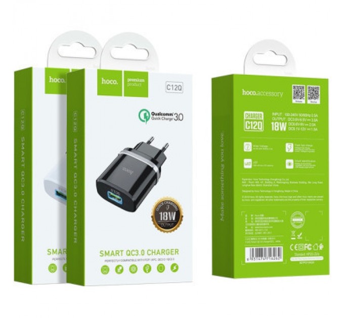 HOCO Зарядний пристрій HOCO C12Q Smart QC3.0 charger White (6931474716262)