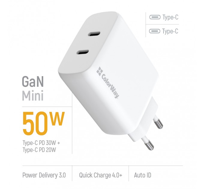 ColorWay Мережевий зарядний пристрій ColorWay GaN Mini 50W PD Port PPS USB (Type-C PD 30W + Type-C PD 20W) White (CW-CHS050PD-WT)