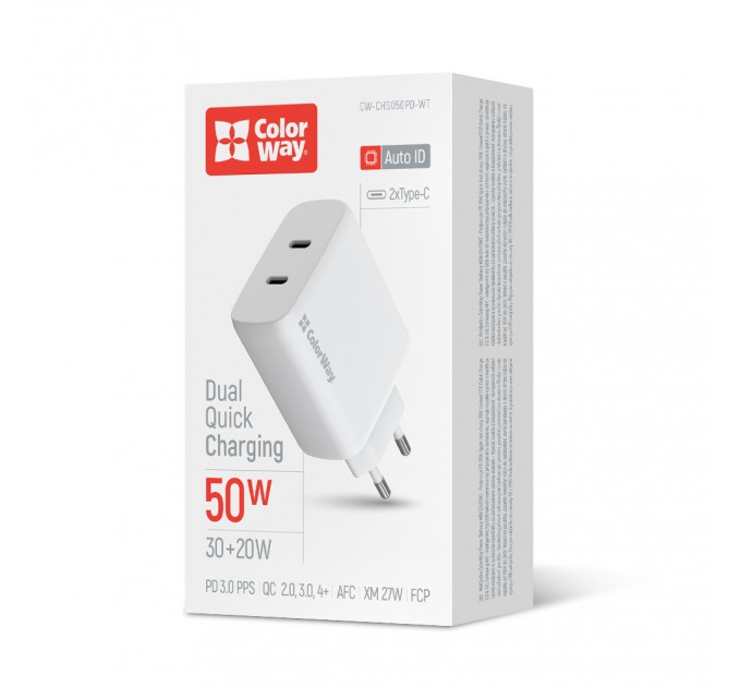 ColorWay Мережевий зарядний пристрій ColorWay GaN Mini 50W PD Port PPS USB (Type-C PD 30W + Type-C PD 20W) White (CW-CHS050PD-WT)