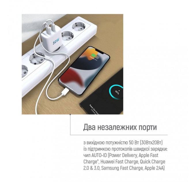 ColorWay Мережевий зарядний пристрій ColorWay GaN Mini 50W PD Port PPS USB (Type-C PD 30W + Type-C PD 20W) White (CW-CHS050PD-WT)