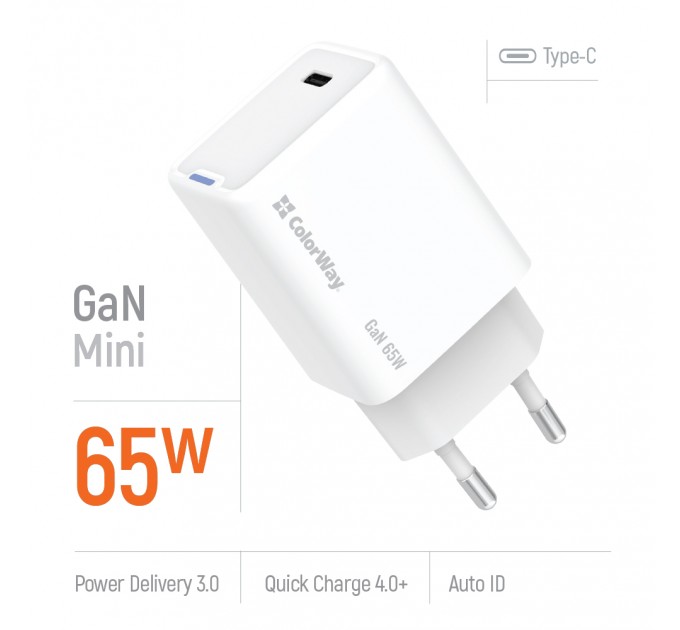 ColorWay Мережевий зарядний пристрій ColorWay GaN Mini 65W PD Port PPS USB-C White (CW-CHS049PD-WT)