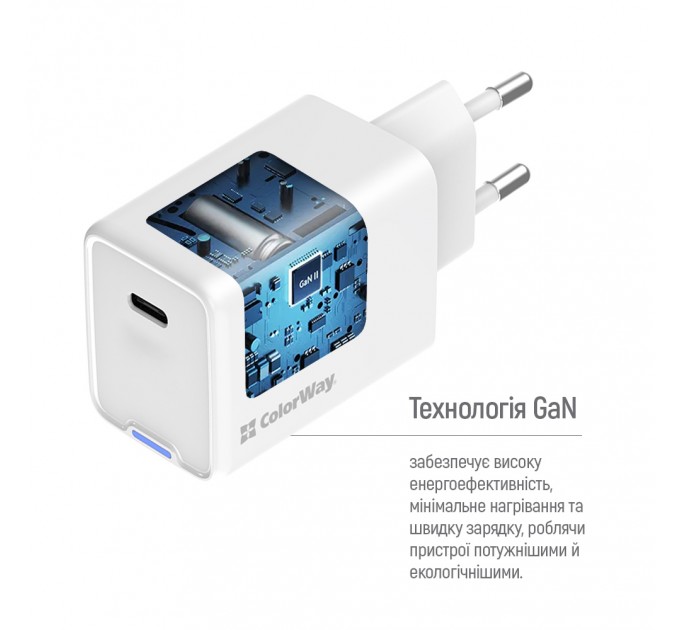 ColorWay Мережевий зарядний пристрій ColorWay GaN Mini 65W PD Port PPS USB-C White (CW-CHS049PD-WT)