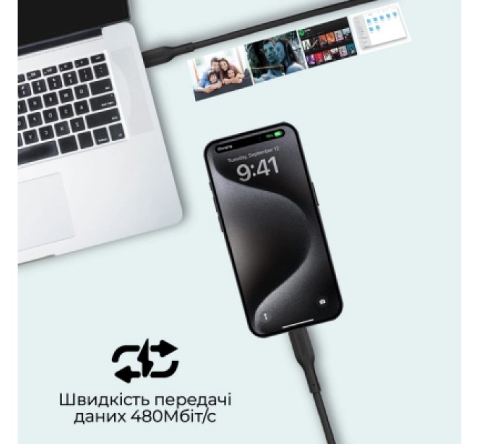 Дата кабель USB-C to USB-C cablekit-cc.black Promate (cablekit-cc.black)